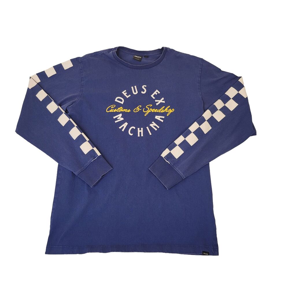 Deus Ex Machina Long Sleeve T-Shirt Medium Blue Checkered Logo Graphic Tee